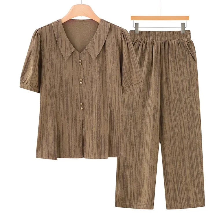 夏季大码妈妈衬衫高级感短袖两件套宽松时尚透气亲肤妈妈显瘦套装