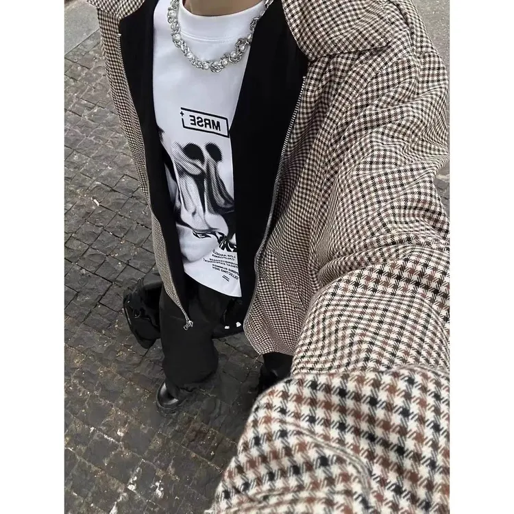 【香港Npkp&品牌正品】复古哈灵顿双面穿拉链飞行夹克男春秋千鸟