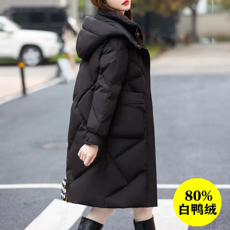 曼德西比利中长款羽绒服冬季2025新款连帽保暖白鸭绒女士冬装外套