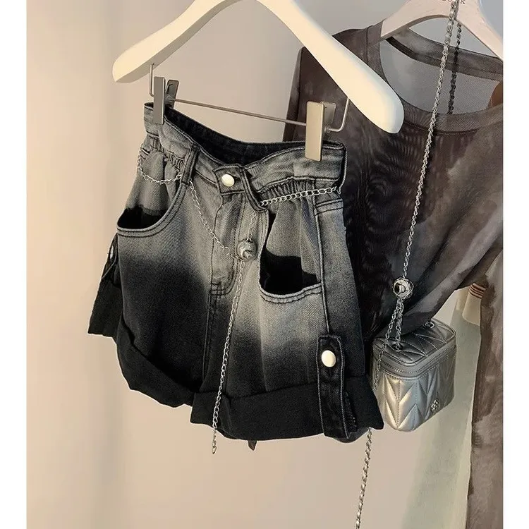 辣妹渐变卷边牛仔短裤女2025夏季新款高腰显瘦百搭A字阔腿热裤子