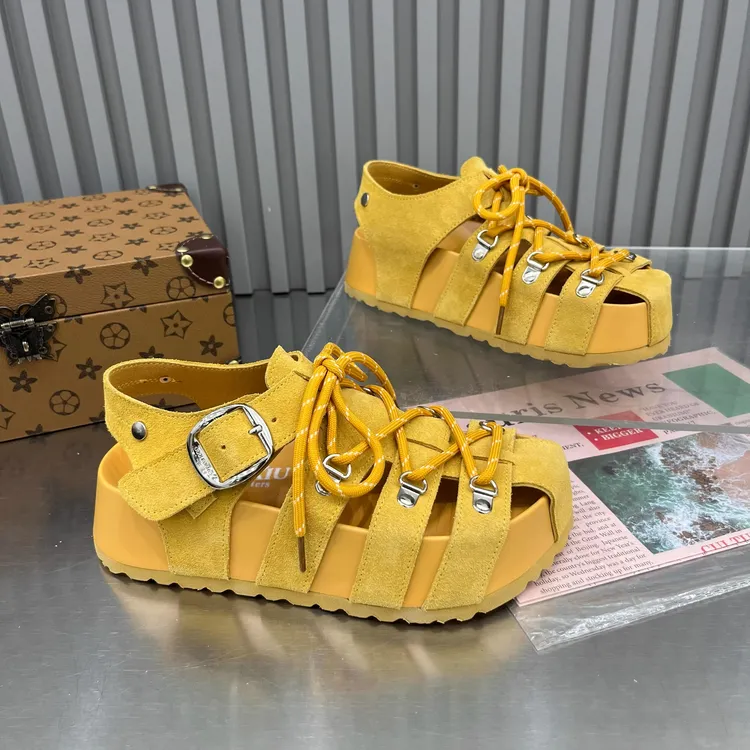 时尚罗马凉鞋女2025夏季新款复古包头镂空绑带厚底百搭休闲猪笼鞋