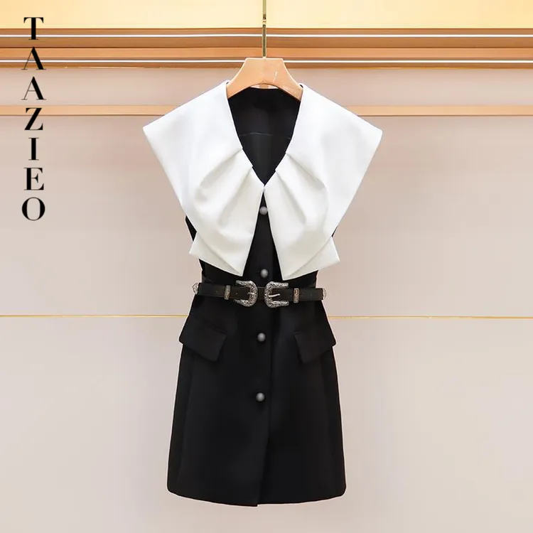 TAAZIEO高级感无袖洋气女装2025初夏设计感撞色甜酷风收腰小黑裙