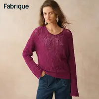 Fabrique Livy 早秋新品鸢尾紫不规则绞花棉质透视花边领针织衫