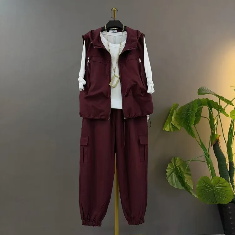 工装风休闲风时尚套装宽松秋季潮流马夹套装百搭连帽大码三件套