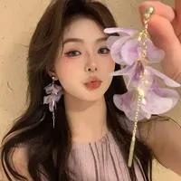 铜合金布艺耳饰 YISLON/超仙紫色网纱流苏花瓣耳环长款绝美耳饰