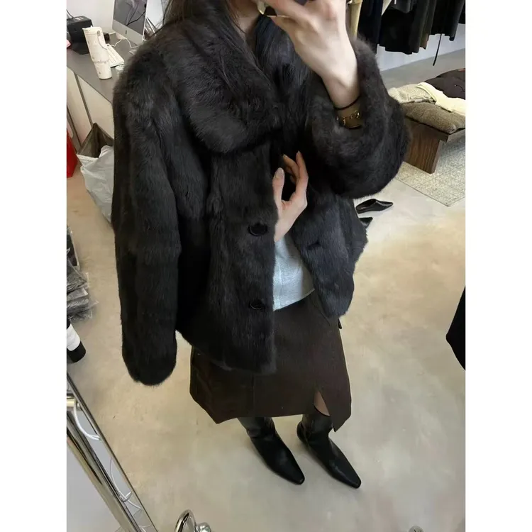 高级感雾柔感翻领毛毛真兔毛外套冬季新款