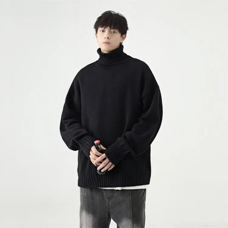 可翻高领秋冬季港风纯色慵懒感高领毛衣男款时尚百搭保暖针织衫20
