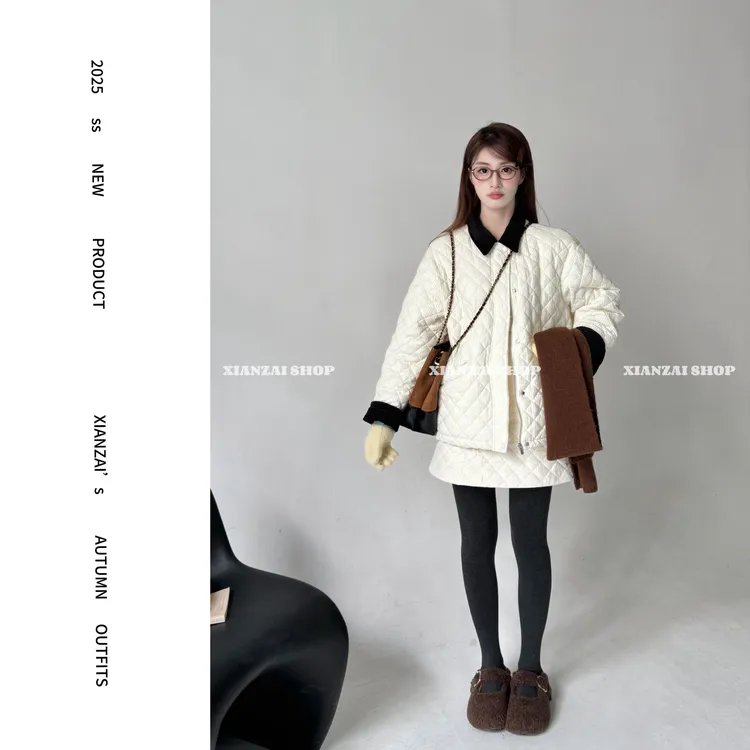 XIANZAI【牛奶面包】冬季新款翻领保暖菱格羽绒服外套短裙两件套装