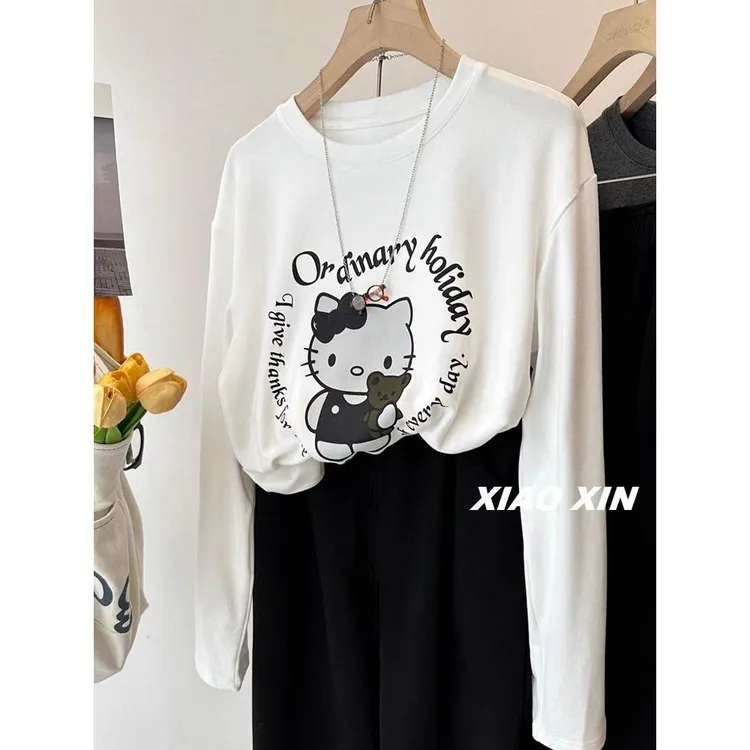 莲叶磨毛德绒卡通印花长袖恤女秋冬季宽松胖妹妹显瘦大码打底衫上