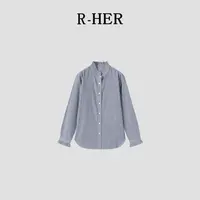 R-HER【文艺条纹】秋季气质立领衬衫女白衬衣长袖简约文艺条纹上衣