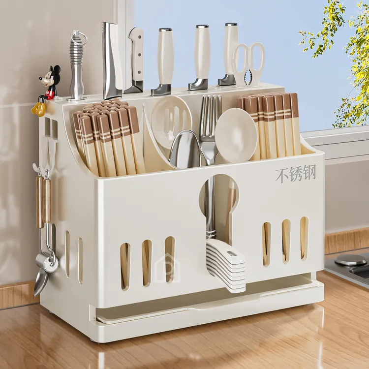 不锈钢筷子收纳盒刀架一体式收纳厨房置物架壁挂式勺子桶筷笼台面