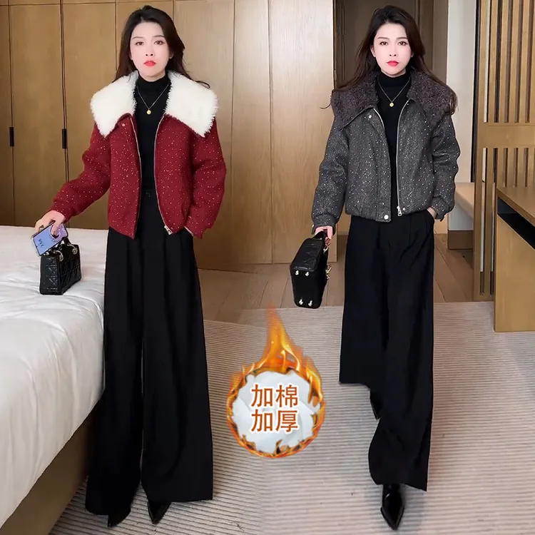 时尚翻领短款棉服女2025冬季新款洋气显瘦烫钻保暖棉袄外套