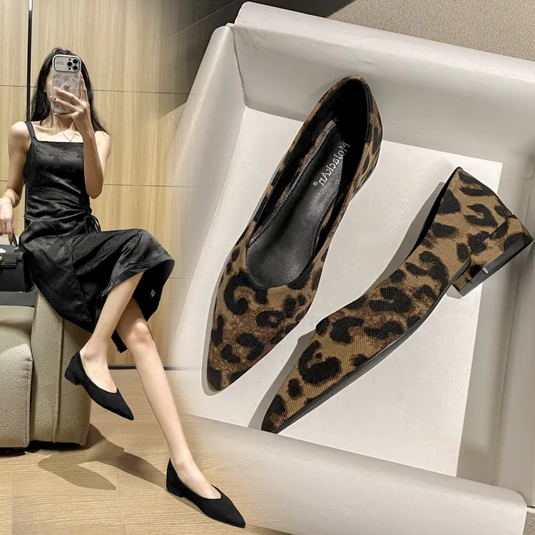 2025新款春夏晚晚风温柔鞋低跟百搭尖头单鞋女豹纹法式浅口通勤鞋
