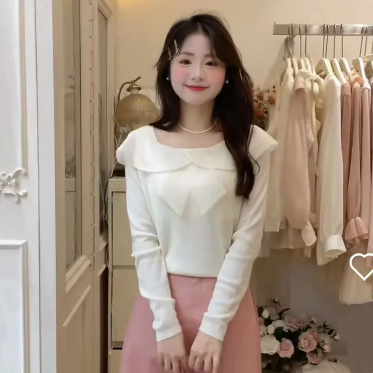 「甜美气质」小清新温柔风蝴蝶结网纱拼接毛衣针织衫女