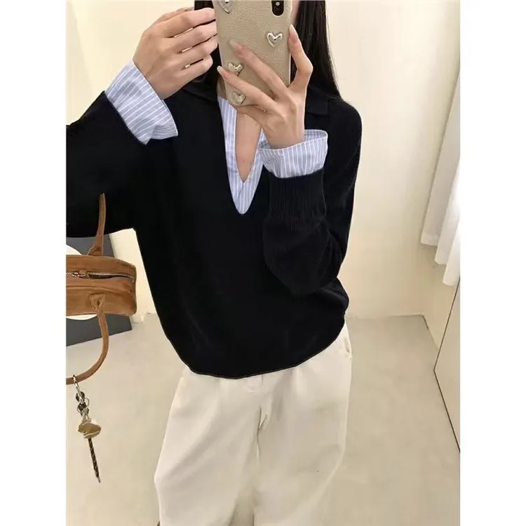 韩式条纹 拼接假两件长袖针织衫女秋冬新款设计感宽松显瘦V领上衣