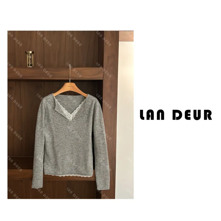 【城市定律】100%羊毛衫蕾丝拼接假两件气质V领针织衫女