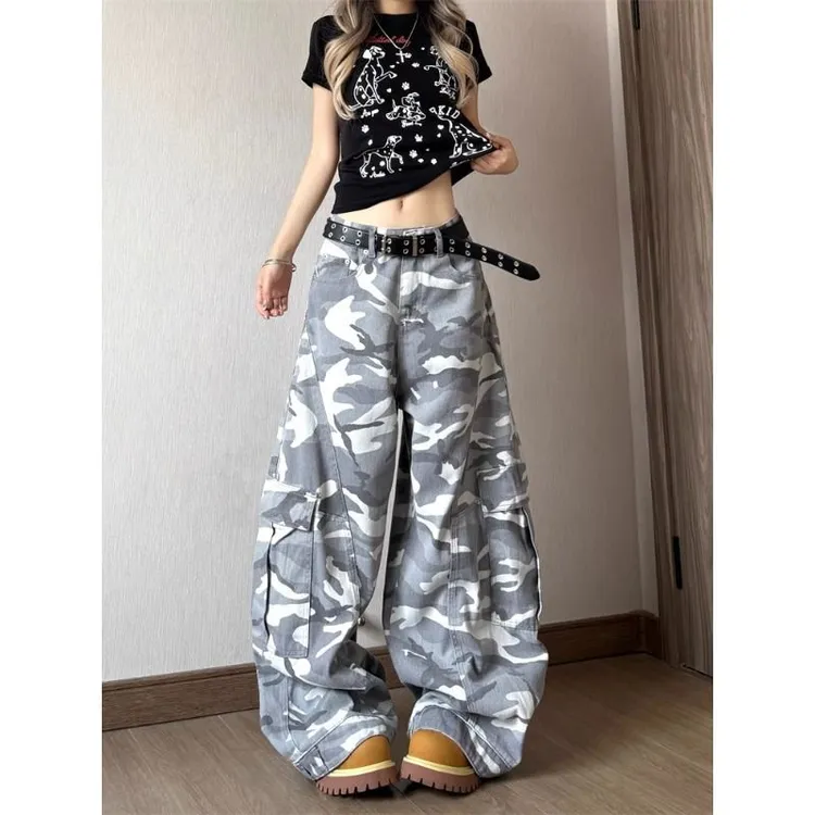 美式高街灰白迷彩水洗弯刀牛仔裤男女宽松直筒阔腿个性运动长裤潮