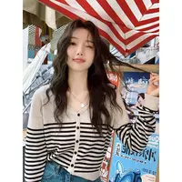 【米白色条纹】条纹开衫外套3618超柔软高品质V领针织毛衣