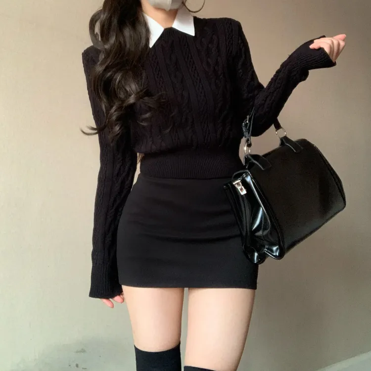 冬款内搭针织毛衣假两件修身百搭毛呢短裙高腰包臀裙半身裙套装