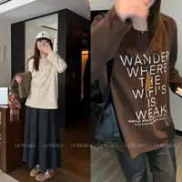 大婉酱微胖定制美式复古印花圆领T恤女秋季宽松休闲磨毛上衣1075D