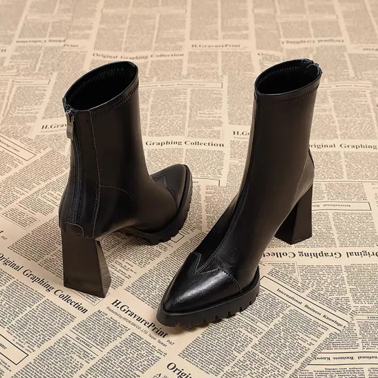 赵露思同款羊皮版~美拉德真皮增高厚底防水台粗跟短靴瘦瘦靴尖头