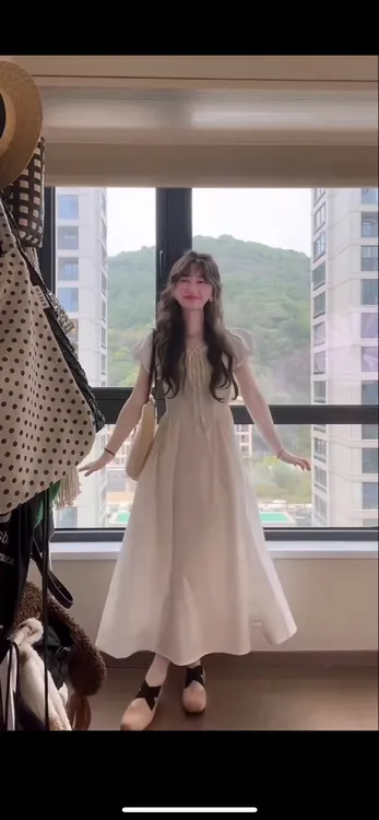 法式泡泡袖连衣裙女夏季2025年新款小个子收腰显瘦A字长裙子