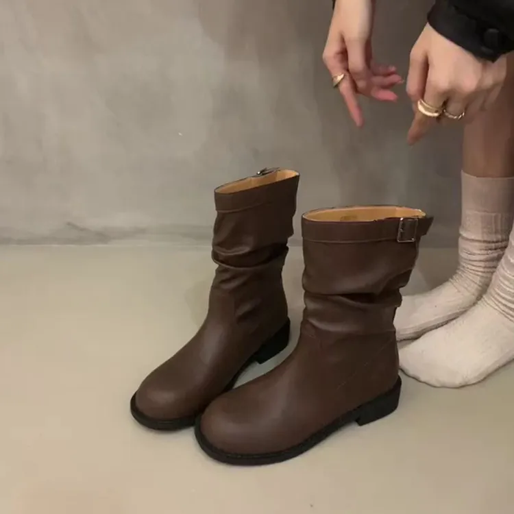 牛皮版~复古圆头西部牛仔靴显瘦短筒靴女瘦瘦靴皮带扣粗跟堆堆靴
