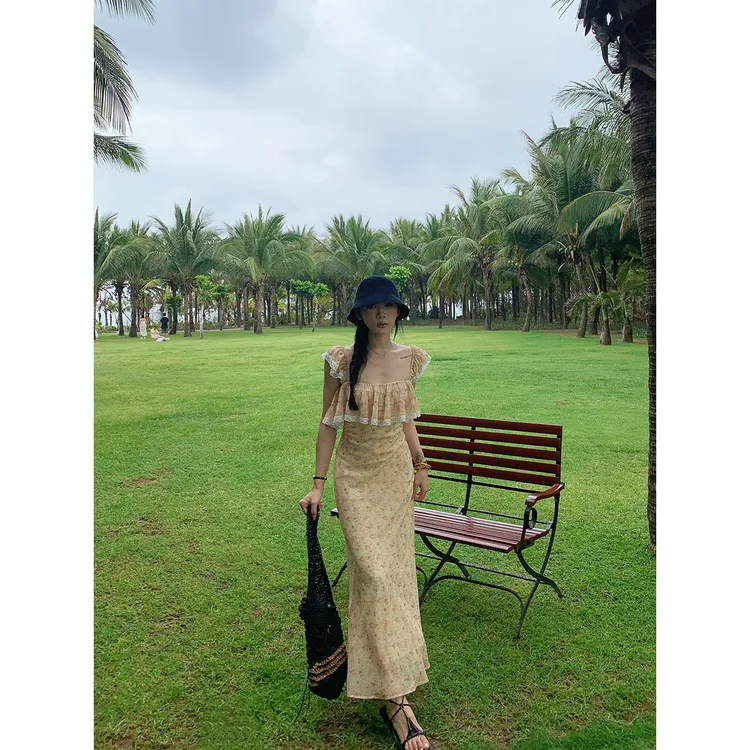 70不是七十【杜乐丽花镜】夏季韩版雪纺木耳蕾丝边收腰碎花连衣裙