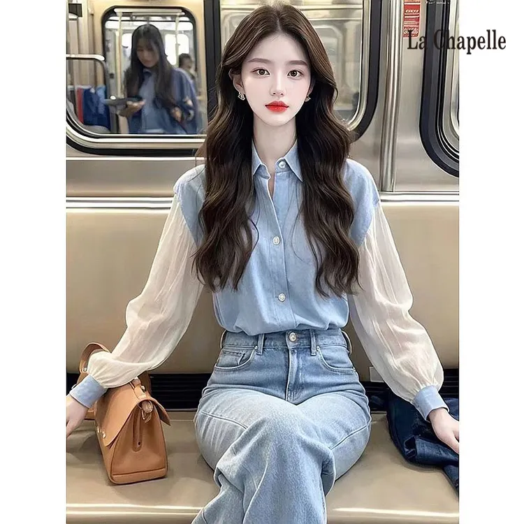 拉夏贝尔法式蓝色衬衫女2025春秋高级感别致内搭气质长袖上衣女