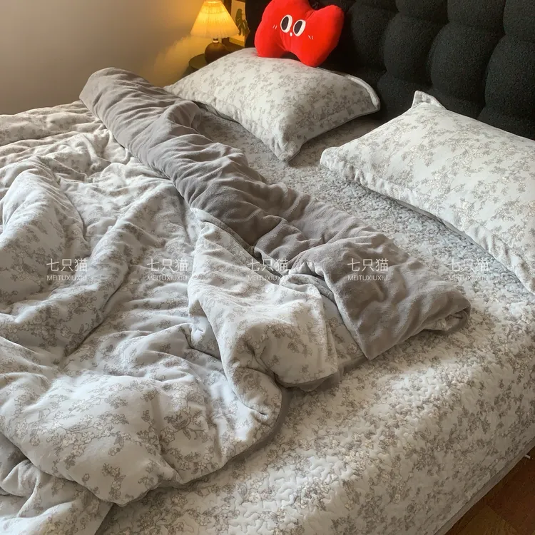 秋冬加厚牛奶绒床盖四件套加绒被套绗缝夹棉床单床品不静电