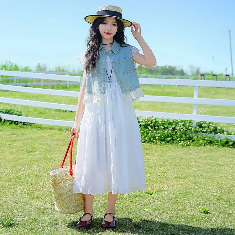 女童夏装6-12岁休闲套装儿童马甲连衣裙两件套洋气夏季时髦中大童