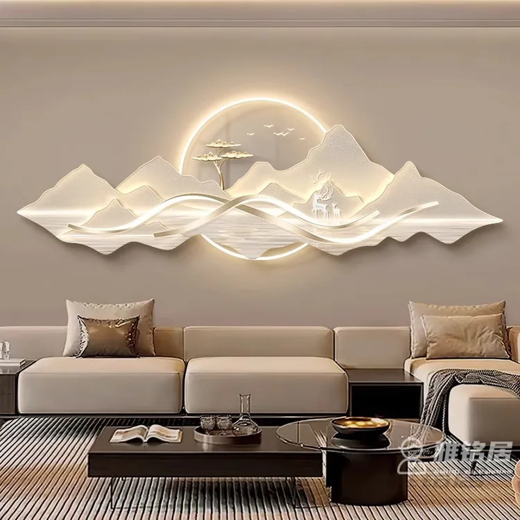 背有靠山装饰画客厅沙发背景墙挂画大气轻奢高级感山水画带灯壁画