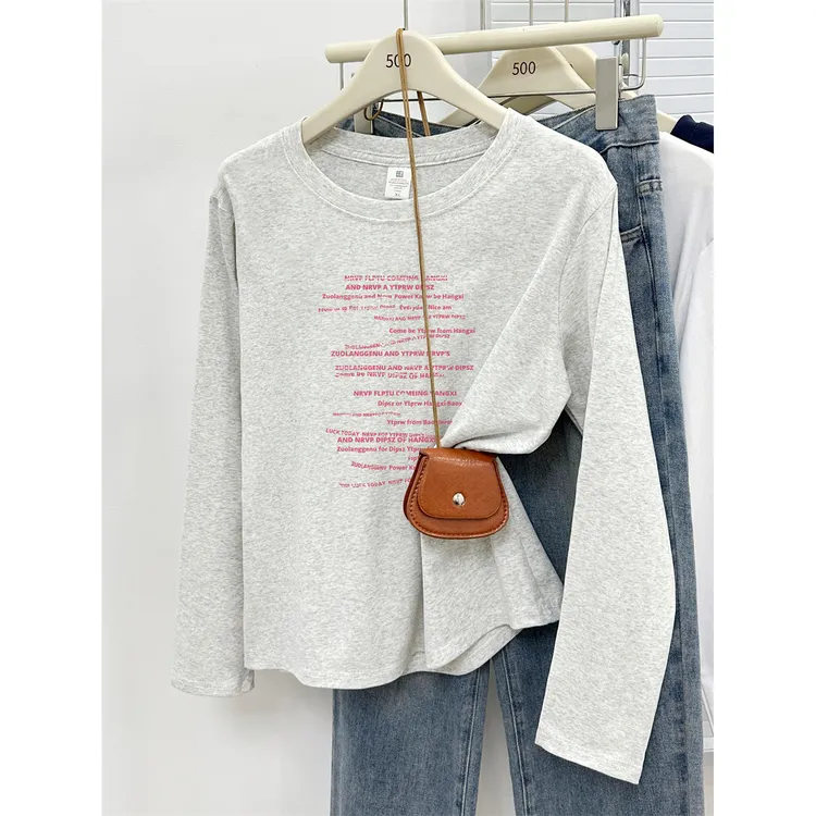 大码正肩长袖T恤女2025秋季新款韩版字母印花休闲圆领打底衫上衣