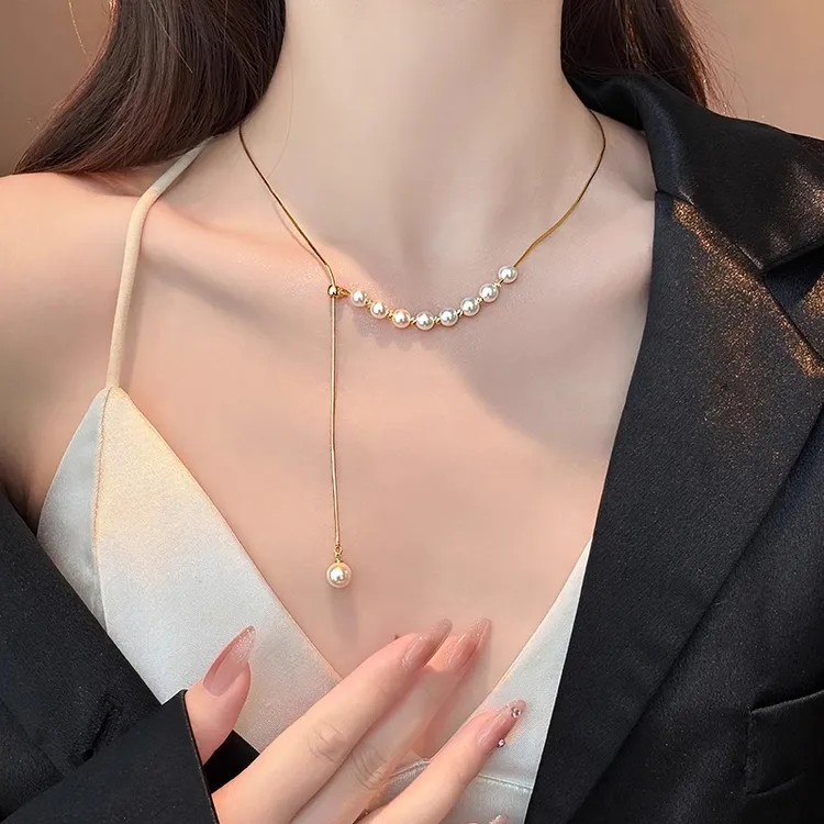钛钢项链 金色珠珠项链女2025新款高级感轻奢小众气质抽拉锁骨链 