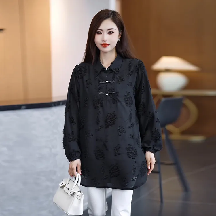 春秋新款长袖大码女装衬衫气质胖妹妹洋气显瘦遮肚中长款气质衬衣