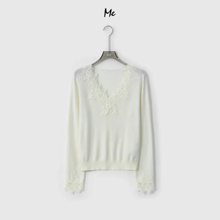ME【星光白玫瑰】100%绵羊毛超细美利奴浮雕刺绣保暖毛衣MESA4983