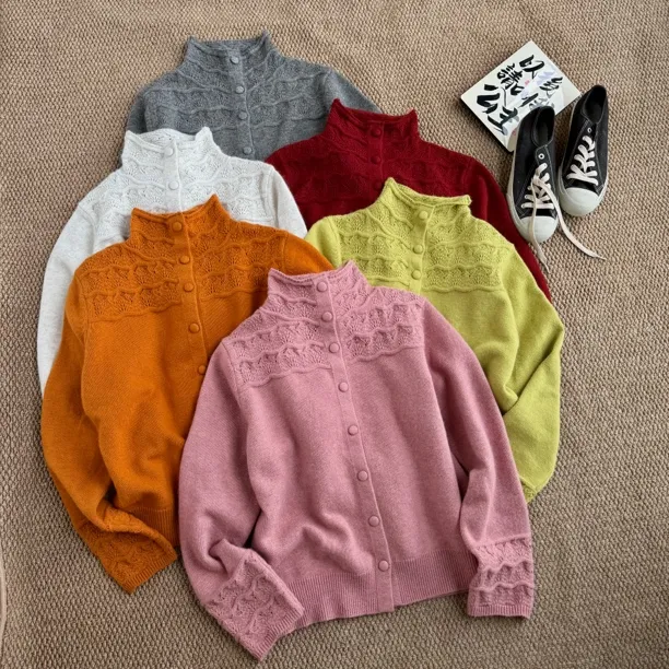 ［春春定制］新韩版百搭修身显瘦时尚浮雕钩花镂空针织长袖开衫7166