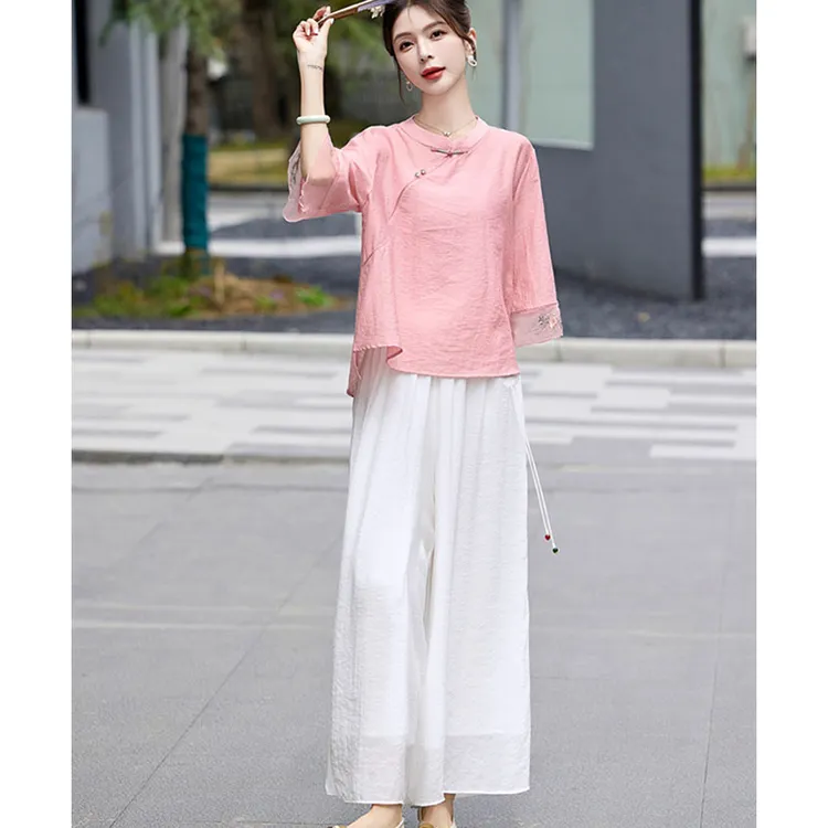 王小鸭中式国风妈妈套装2025夏季新款休闲气质两件套短袖绣花裙裤