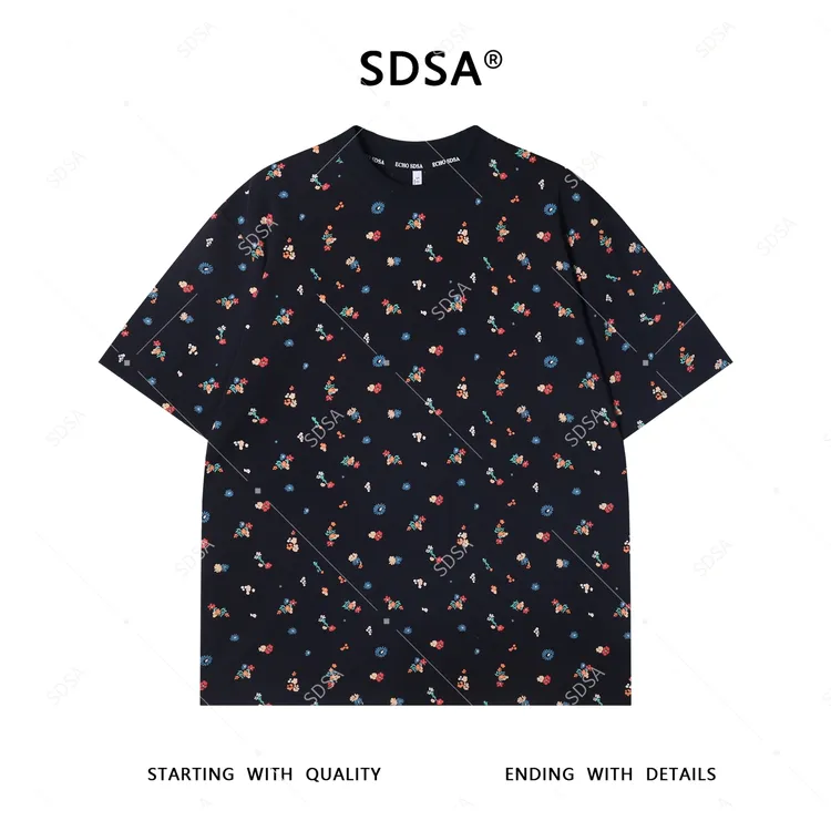 夏季高级感新款男士简约满印花卉印花圆领短袖T恤宽松时尚上衣潮