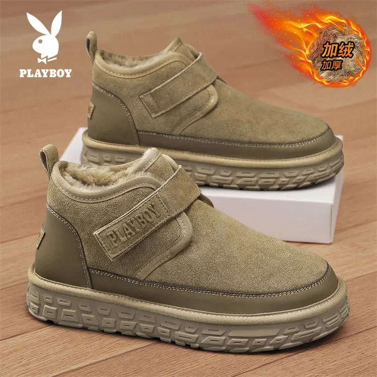 PLAYBOY/花花公子冬季加绒保暖高帮棉鞋厚底牛皮雪地靴男士面包鞋