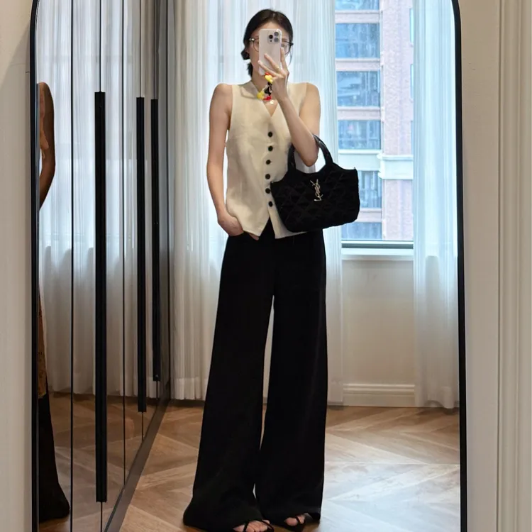 2025夏季新款高级单排扣气质显瘦马甲背心上衣时尚小众垂感阔腿裤