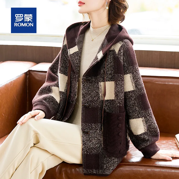 罗蒙年轻妈妈装春秋时尚短款针织毛呢外套中老年女装夹克格子上衣