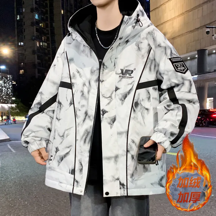 2025新品青少年保暖冬季工装加绒外套连帽宽松加厚冲锋衣夹克男