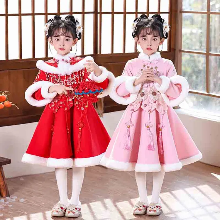 女童连衣裙唐装厚款汉服小女孩刺绣冬季公主加绒加厚款女宝裙子