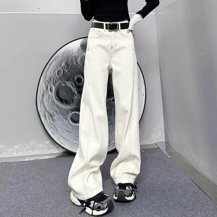 大码女装胖mm弯刀直筒牛仔裤2025春新款宽松显瘦高腰阔腿拖地裤子