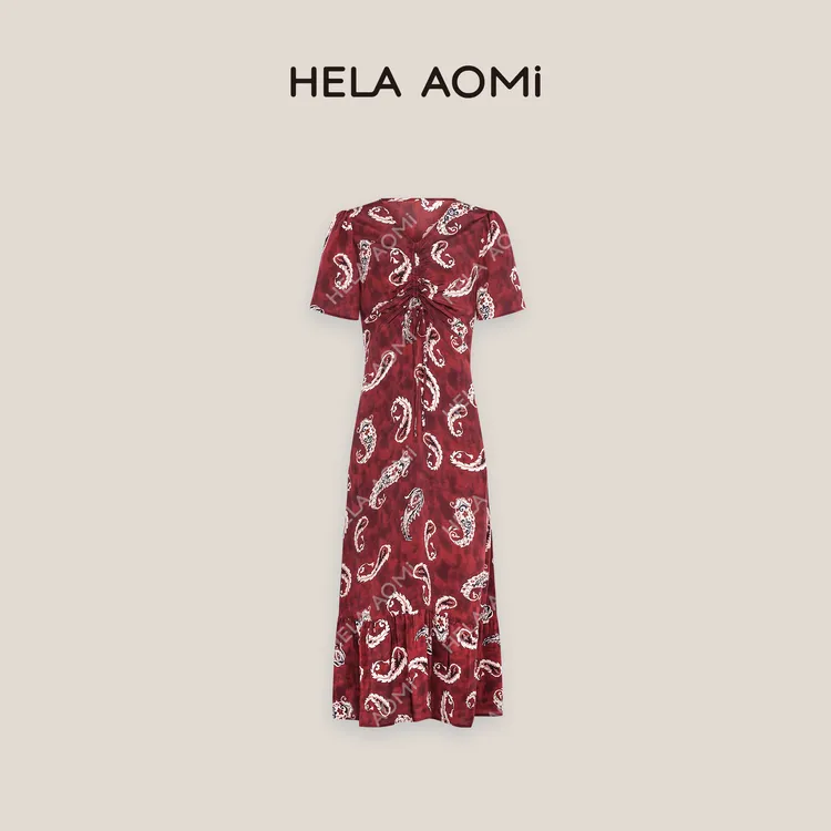 HELA AOMI“腰果红霓”V领显瘦连衣裙小个子法式收腰长裙CY5BB72633
