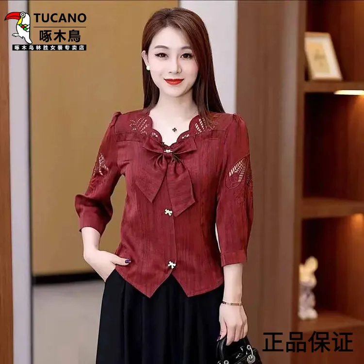 啄木鸟2025春夏新款七分袖新中式蝴蝶结衬衫女洋气质减龄显瘦设计