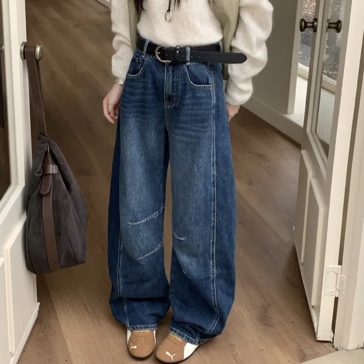 复古蓝弯刀裤牛仔裤女2025秋季新款窄版宽松显瘦长裤