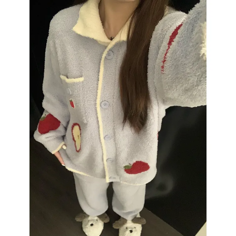 软糯毛衣慵懒半边绒睡衣女秋冬加厚开衫针织外套家居服套装可外穿