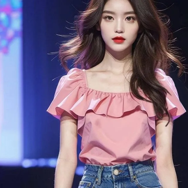 法式高级感上衣独特漂亮小衫夏季新款时尚显瘦荷叶边粉色短袖衬衫